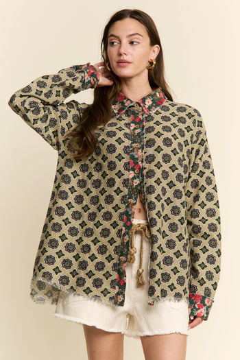 J.nna Mixed Pattern Button Down Top in Green Garden
