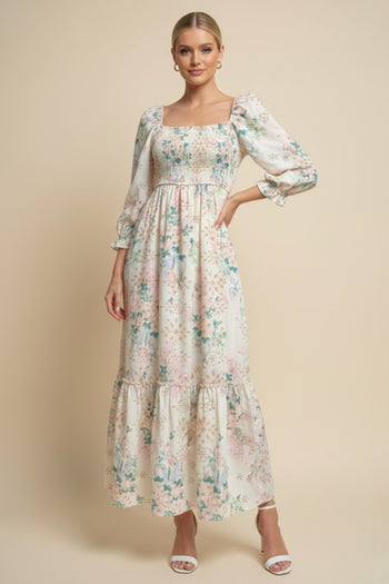 J.nna Floral Print Embroidered Maxi Dress in Spring Bloom