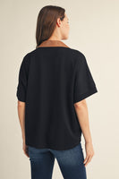 Jodifl Faux Leather Accent Drop Shoulder Solid Top in Black