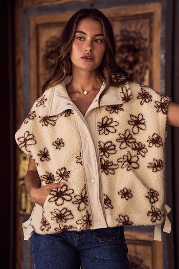 So Me Oversized Flower Sherpa Fur Vest in Brown