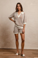 BiBi Two Toned Textured Ribbed Sweater Top and Shorts Set in Ivory/Cinnamon