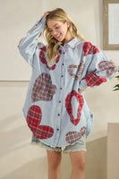Oli & Hali Mineral Washed OVESIZED Top with Mixed Plaid Heart Patches in Blue
