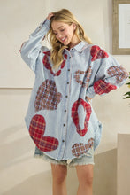 Load image into Gallery viewer, Oli &amp; Hali Mineral Washed OVESIZED Top with Mixed Plaid Heart Patches in Blue
