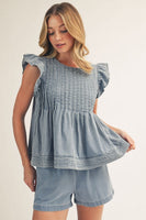 Jodifl Front Pleat Detail Lovely Washed Top in Denim