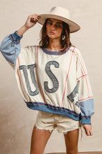 Load image into Gallery viewer, BiBi OVERSIZED Color Block Top with USA Denim Patches in Oatmeal/Denim
