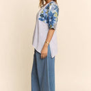 Davi & Dani Knit Top with Sequin Floral Sleeves in Light Blue