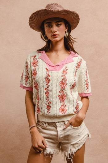 BiBi Lightweight Knit Top with Floral Embroidery in Ivory/Pink