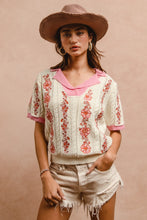 Load image into Gallery viewer, BiBi Lightweight Knit Top with Floral Embroidery in Ivory/Pink
