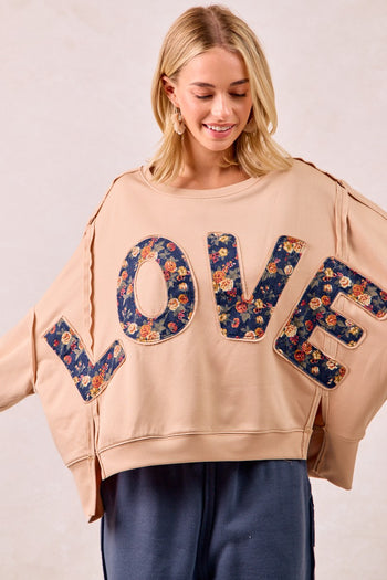 BiBi OVERSIZED French Terry Top with Floral "LOVE" Letter Patches in Oatmeal/Denim
