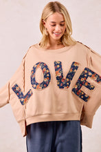Load image into Gallery viewer, BiBi OVERSIZED French Terry Top with Floral "LOVE" Letter Patches in Oatmeal/Denim
