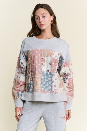 J.nna Multi Pattern Patched French Terry Top in Grey Combo