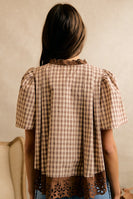 So Me Cotton Check Lace Trim Blouse in Brown