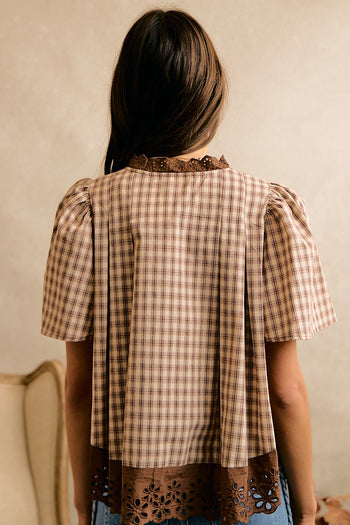 So Me Cotton Check Lace Trim Blouse in Brown