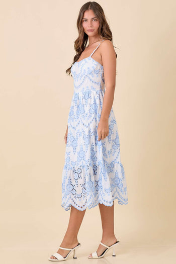 Main Strip Eyelet Lace Midi Dress in Light Blue M Main Strip Eyelet Lace Midi Dress in Light Blue M