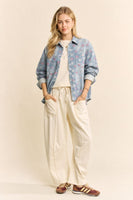 Davi & Dani Heart Print Washed Denim Button Up Shirt in Blue Denim