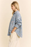 Davi & Dani Heart Print Washed Denim Button Up Shirt in Blue Denim