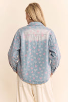 Davi & Dani Heart Print Washed Denim Button Up Shirt in Blue Denim