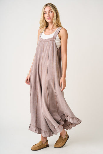 Mittoshop V Back Ruffle Detailed Jumpsuit in Coffee