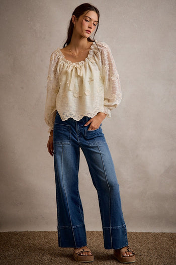So Me 3D Floral Lace Scallop Edge Blouse in Cream