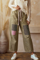 LovLov Paint Splatter and Patched Barrel Pants in Olive