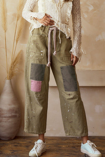 LovLov Paint Splatter and Patched Barrel Pants in Olive