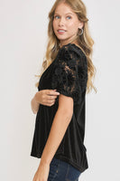Umgee Velvet Split Neck Top with Lace Sleeves in Black