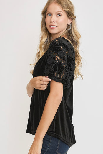 Umgee Velvet Split Neck Top with Lace Sleeves in Black