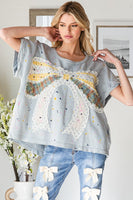 Oli & Hali Paint Splatter Top with Large Ribbon Bow Patch on Front in Blue