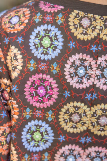 VOY Floral Embroidered Print Bubble Sleeve Top in Brown