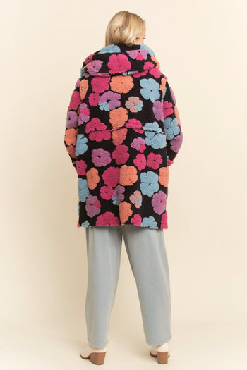 Davi & Dani Chunky Floral Embroidery Hooded Jacket in Ink Navy