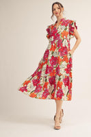 Jodifl Ruffle Sleeve Floral Midi Dress in Red ON ORDER