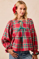 BiBi Christmas Plaid Bow Tie Tiered Top in Red Plaid