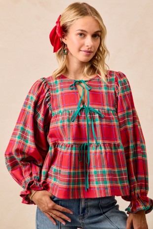 BiBi Christmas Plaid Bow Tie Tiered Top in Red Plaid