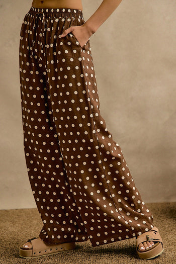 So Me Polka Dot Waist Elastic Wide Leg Pants In Brown/White