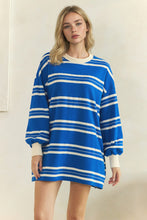 Load image into Gallery viewer, Veveret Coastal Breeze Stripe Sweatshirt Dress in Blue Combo
