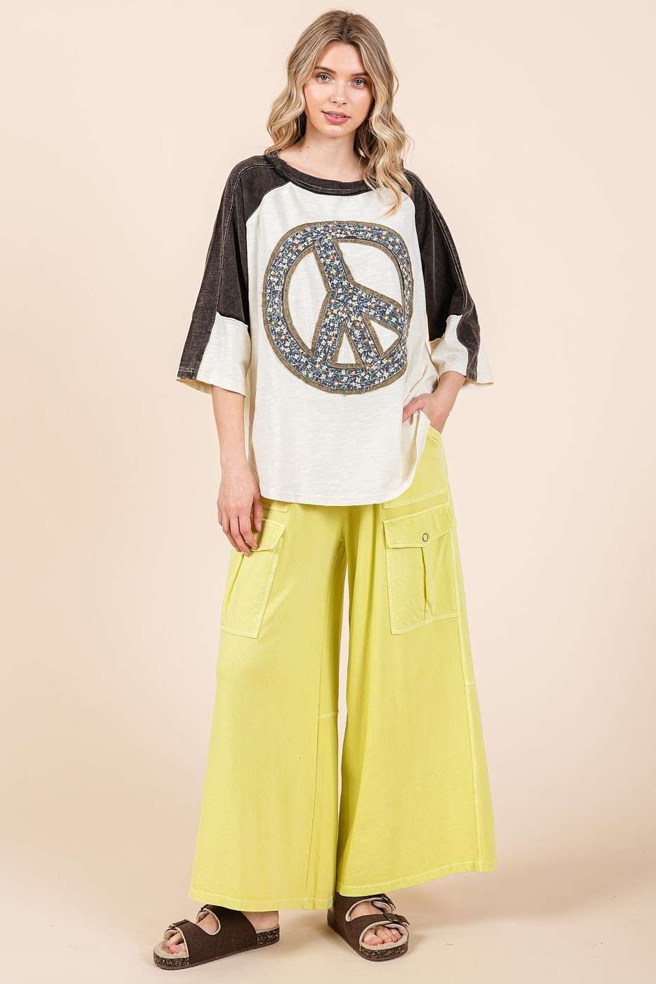 Mittoshop Color Block Top with Peace Sign Patch in Ivory/Black