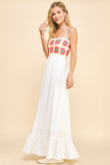 Davi & Dani Crochet Bodice Maxi Dress in White L Davi & Dani Crochet Bodice Maxi Dress in White L