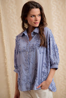 BiBi Stripe Embroidered Short Sleeves Button Blouse in Chambray