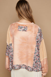 POL Tie Dye Thermal Knit Top with Contrasting Floral and Lace Fabric in Pumpkin Jam Multi ON ORDER