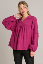 Load image into Gallery viewer, Umgee Cotton Gauze Collared V-Neck Top with Frays in Magenta
