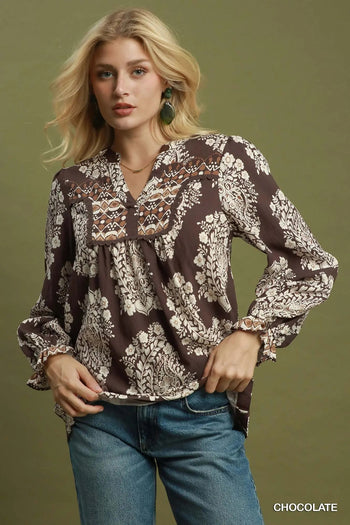 Umgee Boho Paisley Floral Contrast Yoke Blouse in Chocolate