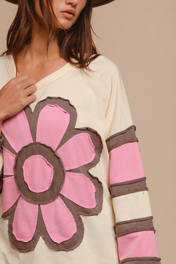 BiBi French Terry Top with Patchwork in Cream