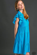 Load image into Gallery viewer, Umgee Aqua Linen Blend Tiered Dress with Ruffled Sleeves Dresses Umgee   
