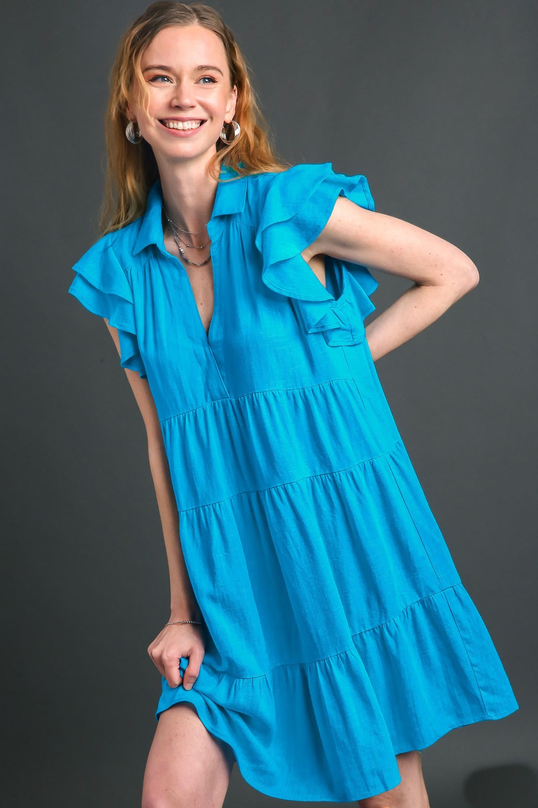 Umgee Aqua Linen Blend Tiered Dress with Ruffled Sleeves Dresses Umgee   