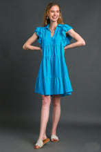 Load image into Gallery viewer, Umgee Aqua Linen Blend Tiered Dress with Ruffled Sleeves Dresses Umgee   
