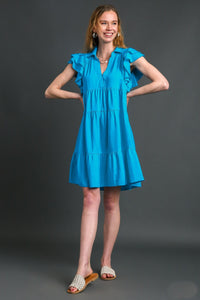Umgee Aqua Linen Blend Tiered Dress with Ruffled Sleeves Dresses Umgee   