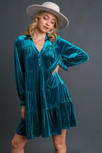 Load image into Gallery viewer, Umgee Velvet Collared Tiered Dress in Teal Blue Dresses Umgee   

