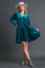 Load image into Gallery viewer, Umgee Velvet Collared Tiered Dress in Teal Blue Dresses Umgee   
