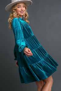 Umgee Velvet Collared Tiered Dress in Teal Blue Dresses Umgee   
