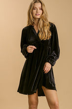 Load image into Gallery viewer, Umgee Velvet Dress with Puff Sleeves and Split Neckline in Black Dresses Umgee   
